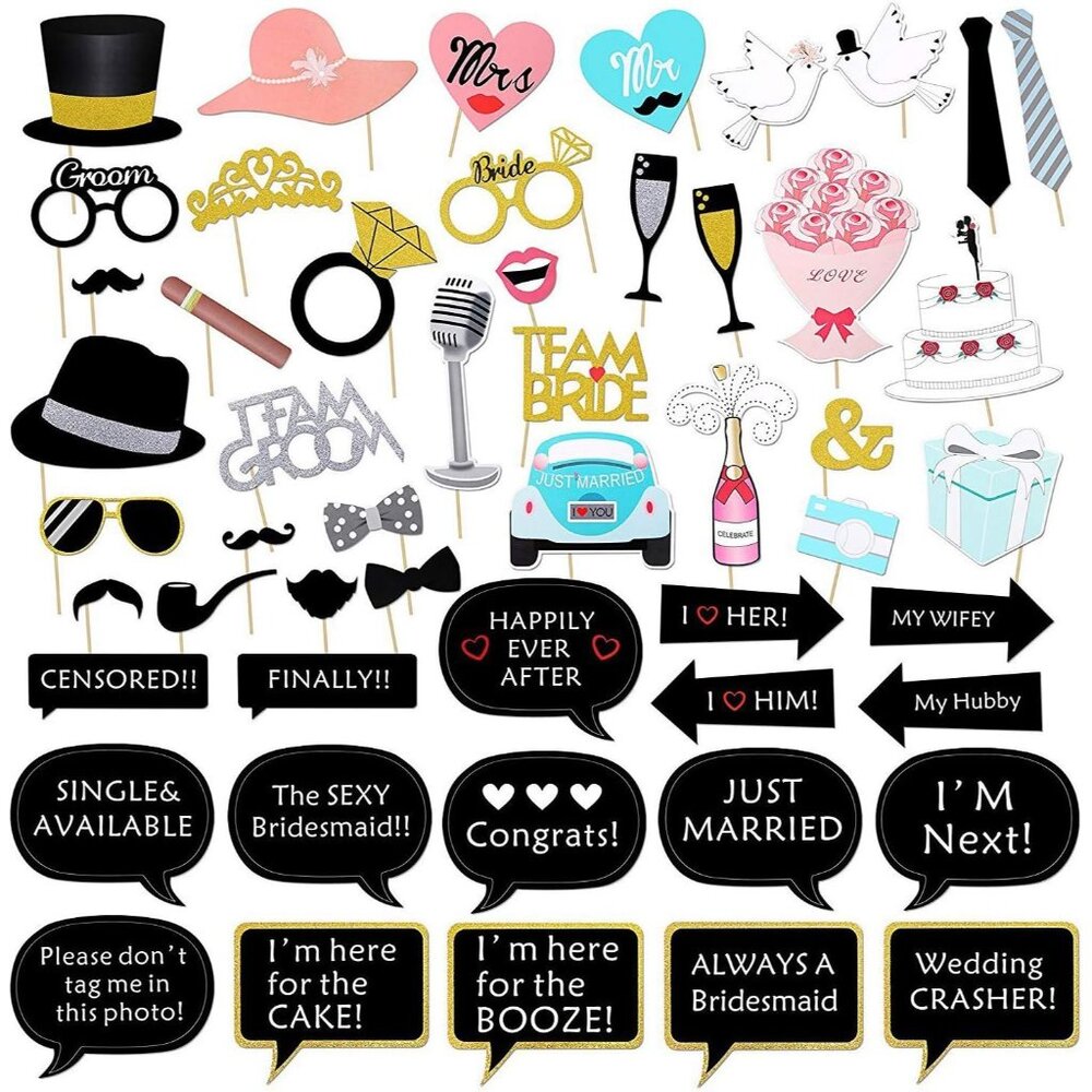 Wedding Photo Booth Props Set - Black, Pink, Gold, Blue, White